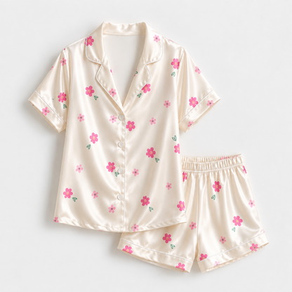 PJ-M303-Botanical Wildflower Satin Pajama Set with Vintage Garden Floral Pattern for Cozy Sleepwear