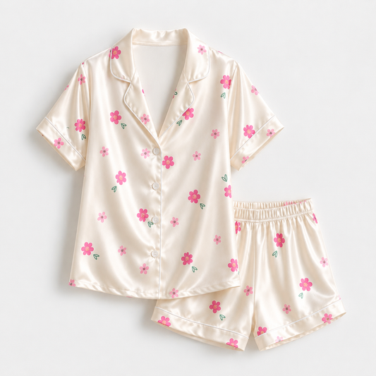 PJ-M303-Botanical Wildflower Satin Pajama Set with Vintage Garden Floral Pattern for Cozy Sleepwear