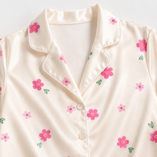 PJ-M303-Botanical Wildflower Satin Pajama Set with Vintage Garden Floral Pattern for Cozy Sleepwear