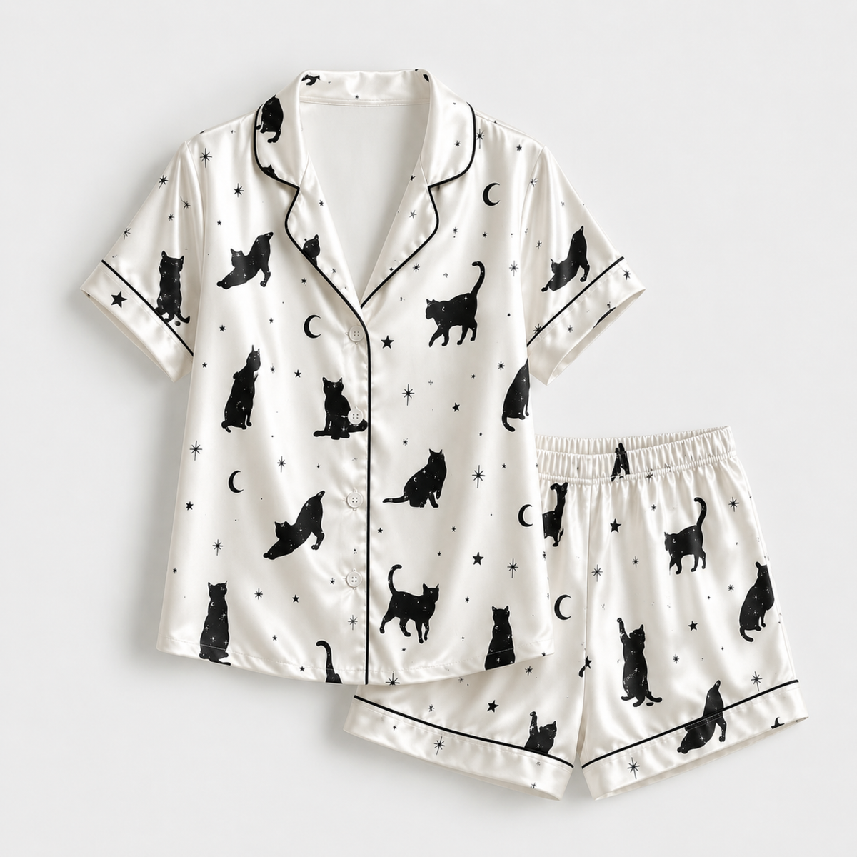 PJ-M304-Modern Abstract Cat Satin Pajama Set with Artistic Feline Pattern for Cozy Sleepwear