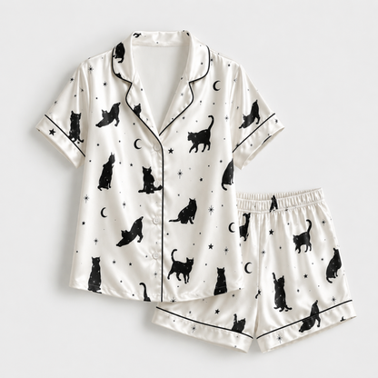 PJ-M304-Modern Abstract Cat Satin Pajama Set with Artistic Feline Pattern for Cozy Sleepwear