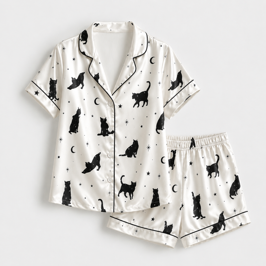 PJ-M304-Modern Abstract Cat Satin Pajama Set with Artistic Feline Pattern for Cozy Sleepwear