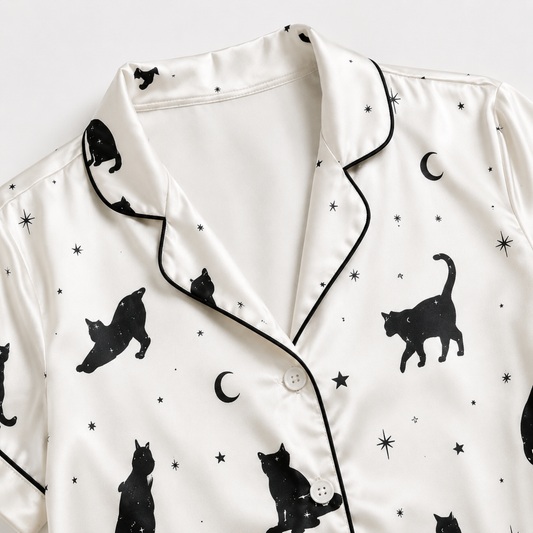 PJ-M304-Modern Abstract Cat Satin Pajama Set with Artistic Feline Pattern for Cozy Sleepwear