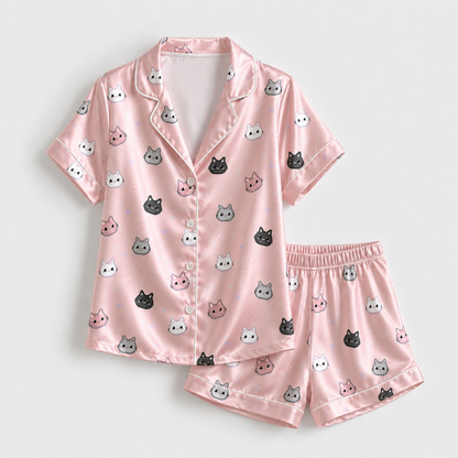 PJ-M305-Cozy Pajama Set Adorned With Cute Paw Print And Cat Face Patterns For A Fun Look