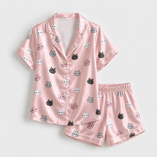 PJ-M305-Cozy Pajama Set Adorned With Cute Paw Print And Cat Face Patterns For A Fun Look