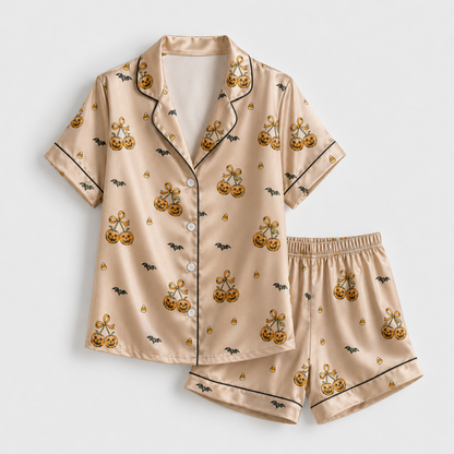 PJ-M307-Premium Fabric Halloween Pajama Set Showcasing A Variety Of Fun Seasonal Illustrations For A Relaxed Festive Aesthetic
