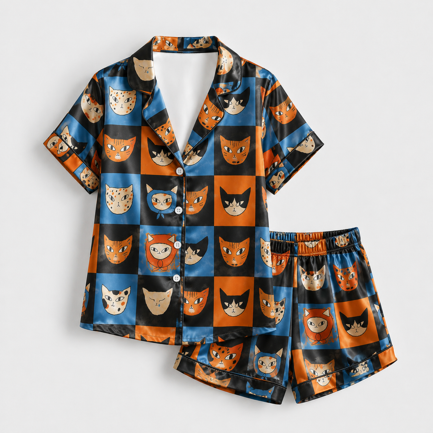 PJ-M308-Mid Century Modern Cat Satin Pajama Set with Colorful Retro Feline Pattern for Cozy Sleepwear