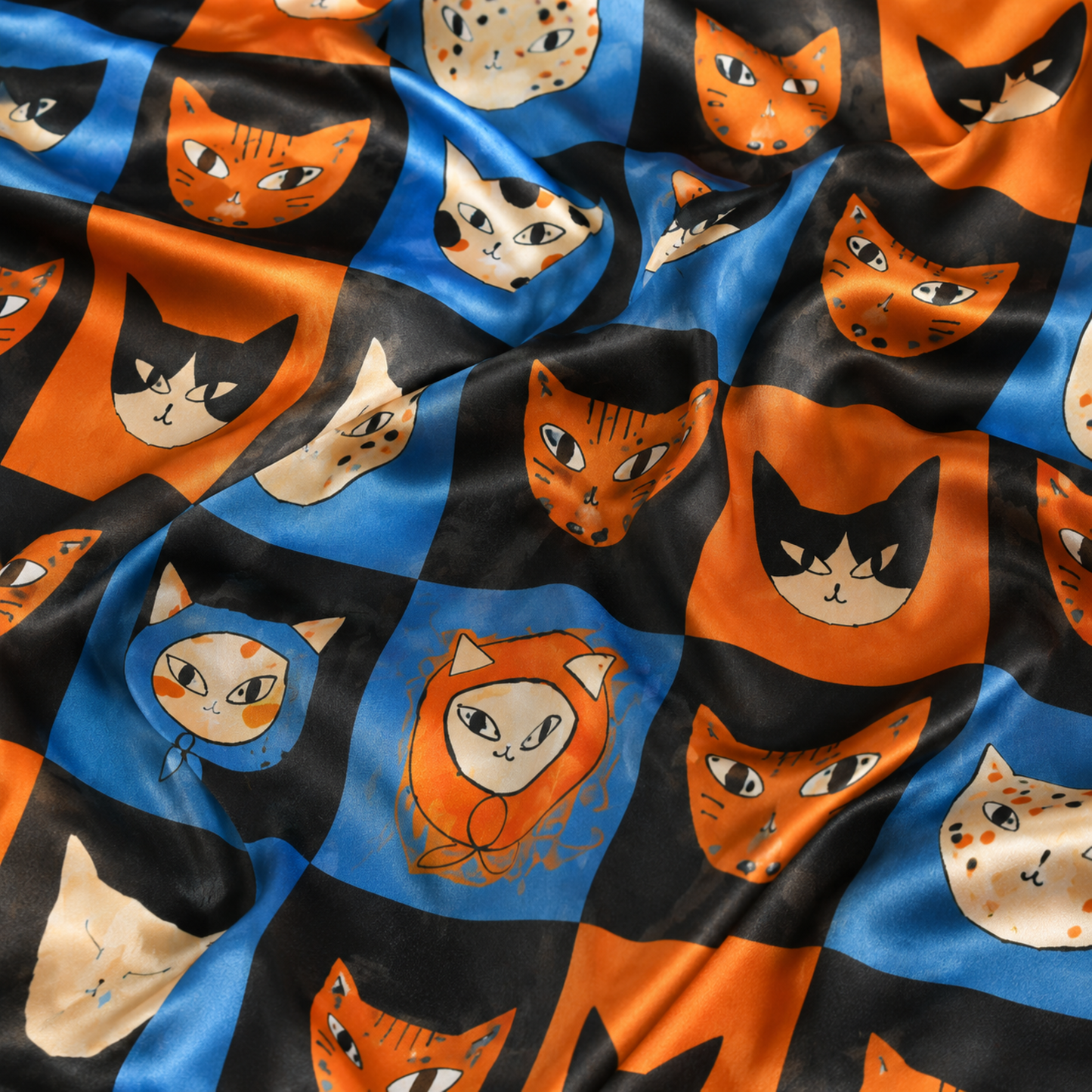 PJ-M308-Mid Century Modern Cat Satin Pajama Set with Colorful Retro Feline Pattern for Cozy Sleepwear