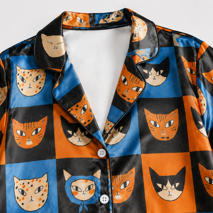 PJ-M308-Mid Century Modern Cat Satin Pajama Set with Colorful Retro Feline Pattern for Cozy Sleepwear