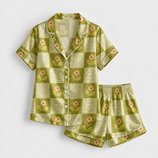PJ-M309-Minimalist Floral Satin Pajama Set with Delicate Botanical Line Art Pattern for Cozy Sleepwear