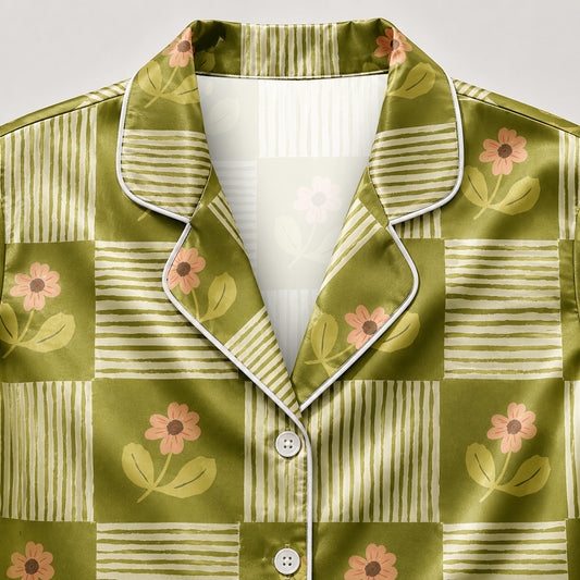 PJ-M309-Minimalist Floral Satin Pajama Set with Delicate Botanical Line Art Pattern for Cozy Sleepwear