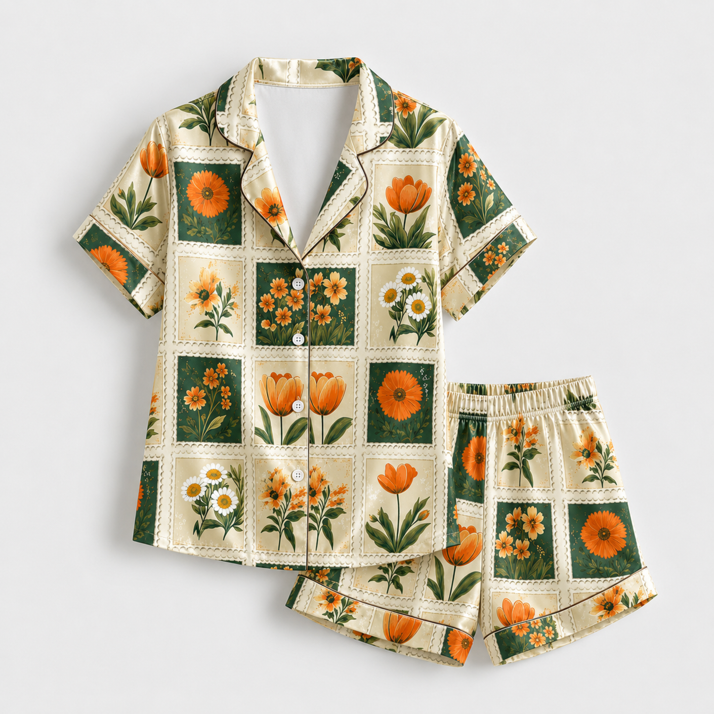 PJ-M310-Luxury Tropical Floral Satin Pajama Set with Vibrant Botanical Pattern for Cozy Sleepwear