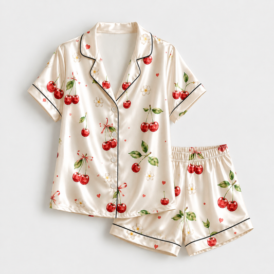 PJ-M311-Classic Sweet Cherry Pattern Pajama Set Featuring Vibrant Fruit Illustrations On Ultra-Soft Premium Brushed Cotton Fabric