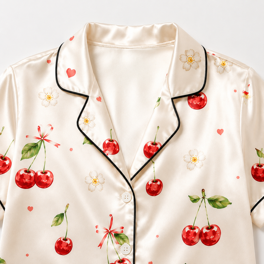 PJ-M311-Classic Sweet Cherry Pattern Pajama Set Featuring Vibrant Fruit Illustrations On Ultra-Soft Premium Brushed Cotton Fabric