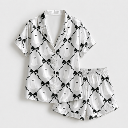 PJ-M312-Elegant Satin Ribbon Motif Pajama Set Featuring Delicate Interwoven Bow Patterns On Breathable Premium Satin Fabric