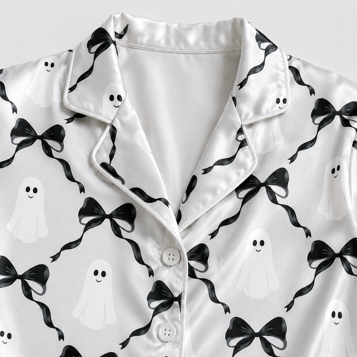 PJ-M312-Elegant Satin Ribbon Motif Pajama Set Featuring Delicate Interwoven Bow Patterns On Breathable Premium Satin Fabric