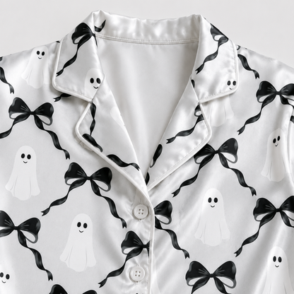 PJ-M312-Elegant Satin Ribbon Motif Pajama Set Featuring Delicate Interwoven Bow Patterns On Breathable Premium Satin Fabric