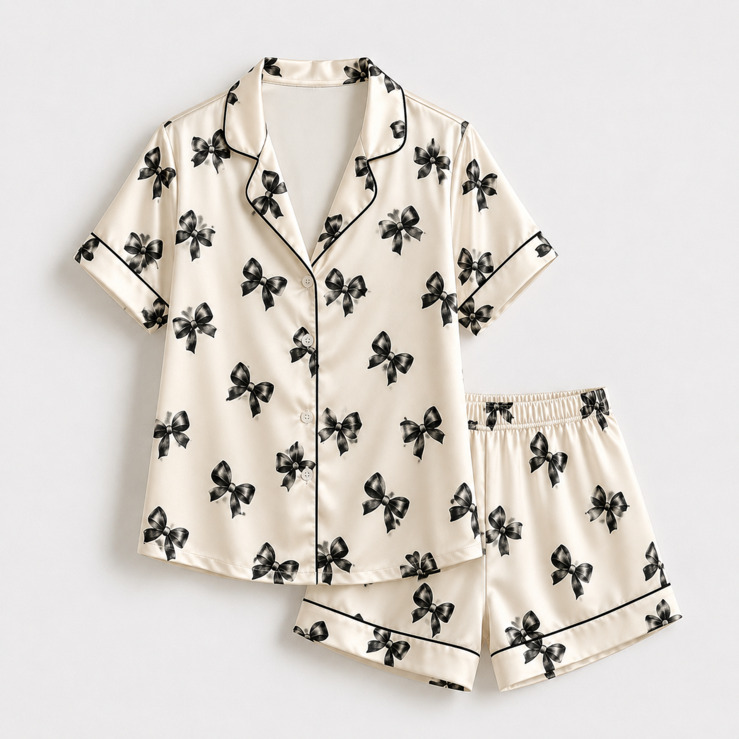 PJ-M313-Bow Satin Pajama Set with Cute Ribbon Pattern for Cozy Sleepwear, Sweet Aesthetic and Charming Loungewear