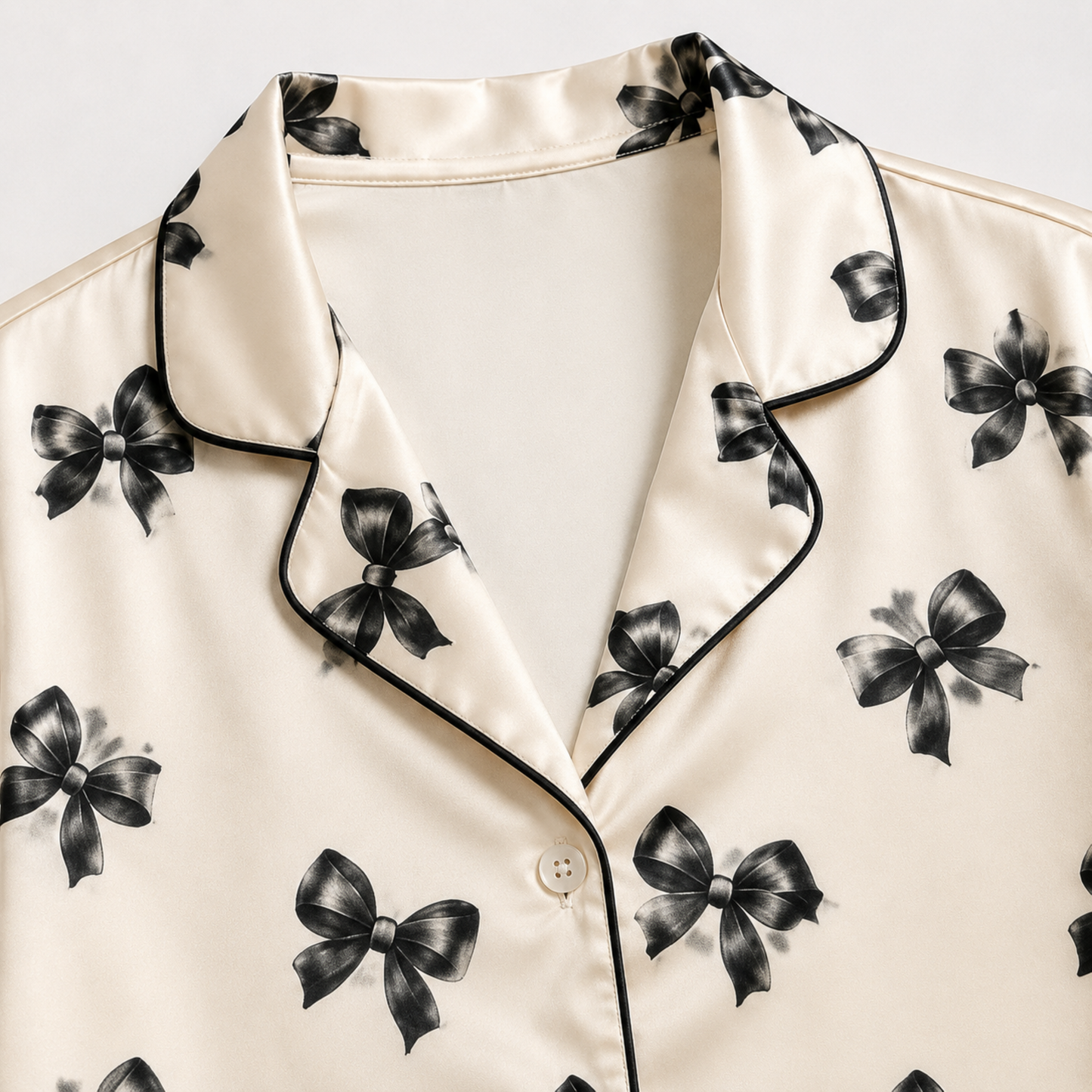 PJ-M313-Bow Satin Pajama Set with Cute Ribbon Pattern for Cozy Sleepwear, Sweet Aesthetic and Charming Loungewear