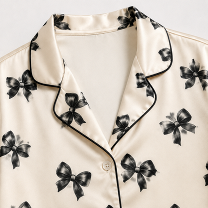 PJ-M313-Bow Satin Pajama Set with Cute Ribbon Pattern for Cozy Sleepwear, Sweet Aesthetic and Charming Loungewear