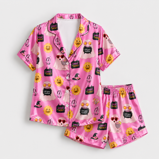 PJ-M315-Soft Halloween Print Loungewear Set Featuring An Assortment Of Cute Seasonal Icons For A Fun Holiday Look
