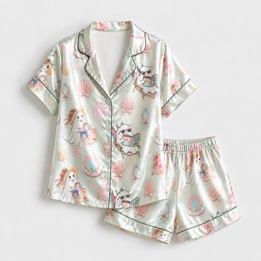 PJ-M316-Relaxed Fit Halloween Pajama Set Adorned With Traditional Holiday Patterns Made From Premium Quality Lightweight Satin