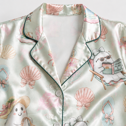 PJ-M316-Relaxed Fit Halloween Pajama Set Adorned With Traditional Holiday Patterns Made From Premium Quality Lightweight Satin