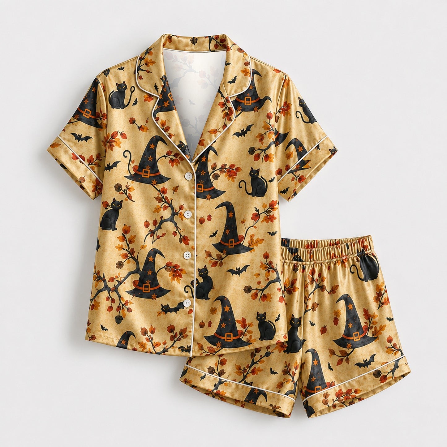 PJ-M317-Classic Halloween Celebration Pajama Set Featuring Iconic Seasonal Symbols On Soft And Comfortable Premium Brushed Cotton Fabric