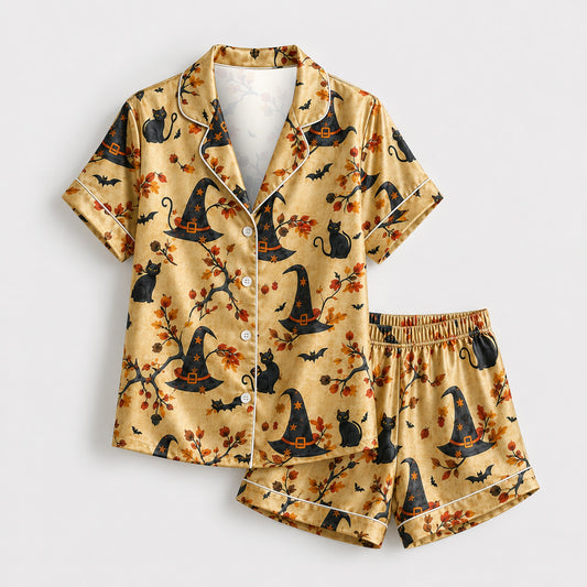 PJ-M317-Classic Halloween Celebration Pajama Set Featuring Iconic Seasonal Symbols On Soft And Comfortable Premium Brushed Cotton Fabric