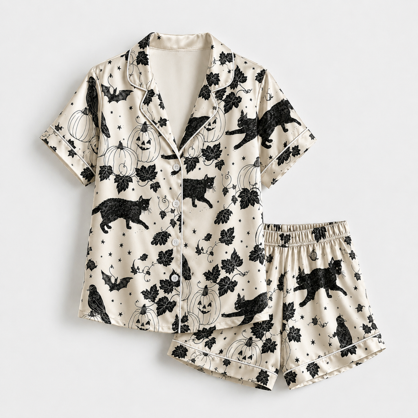 PJ-M321-Elegant Minimalist Cat Halloween Motif Sleepwear Set Designed With A Relaxed Fit For Ultimate Comfort And Style