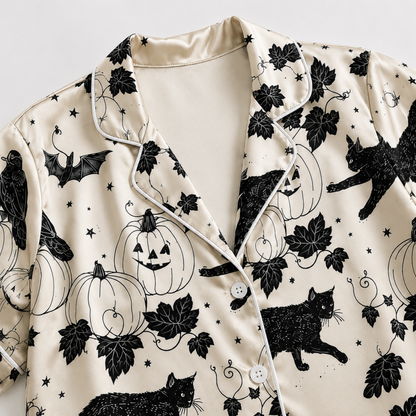 PJ-M321-Elegant Minimalist Cat Halloween Motif Sleepwear Set Designed With A Relaxed Fit For Ultimate Comfort And Style