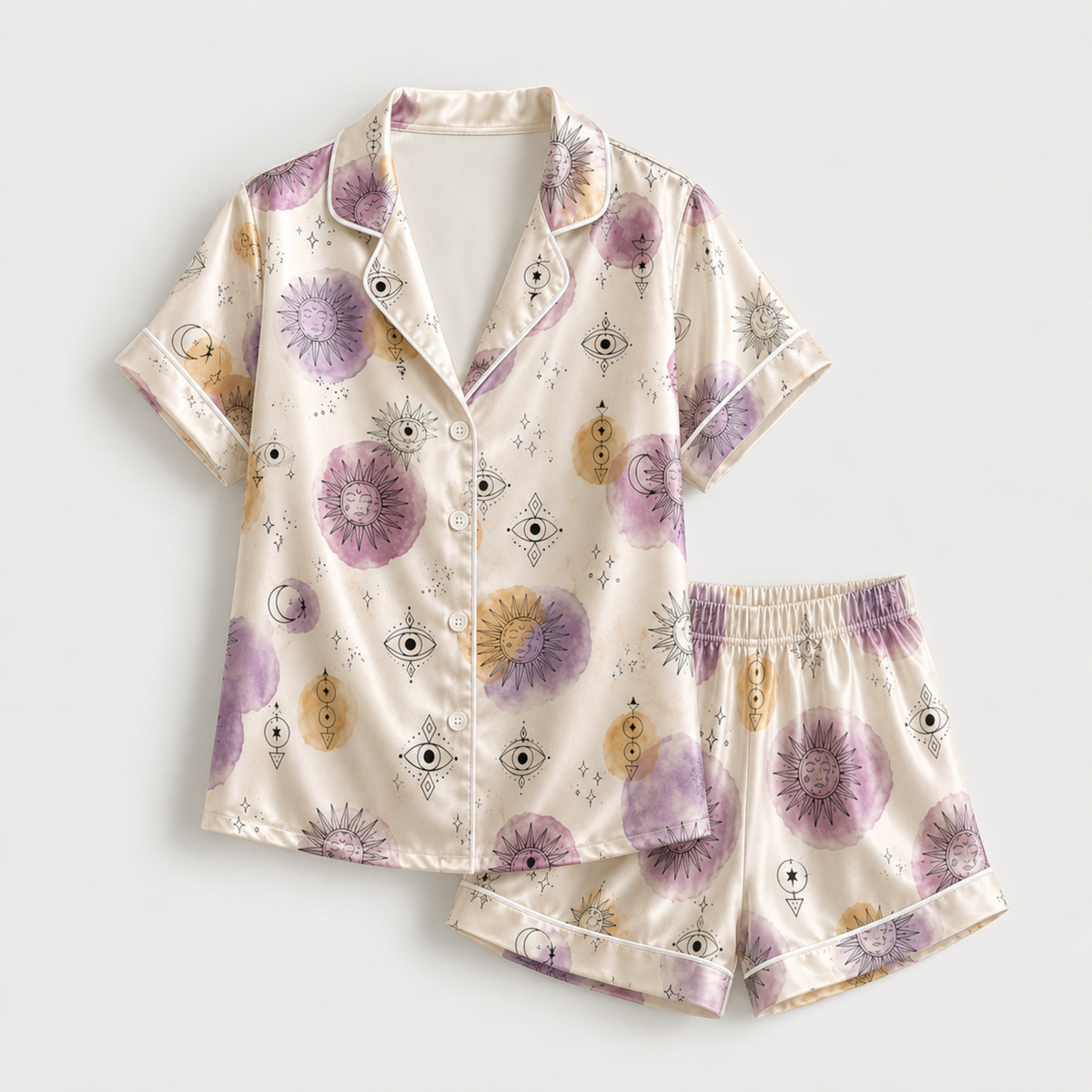 PJ-M323-Celestial Sun And Moon Motif Pajama Set Featuring Mystical Watercolor Elements On Luxurious Satin Fabric