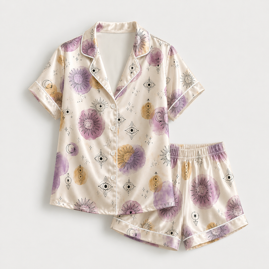 PJ-M323-Celestial Sun And Moon Motif Pajama Set Featuring Mystical Watercolor Elements On Luxurious Satin Fabric