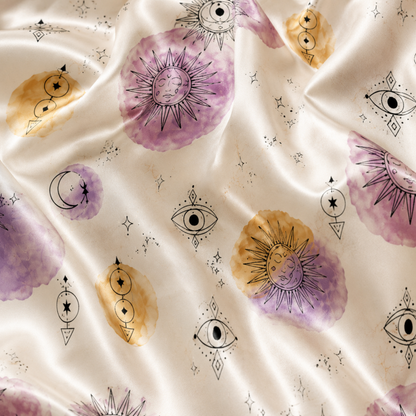 PJ-M323-Celestial Sun And Moon Motif Pajama Set Featuring Mystical Watercolor Elements On Luxurious Satin Fabric