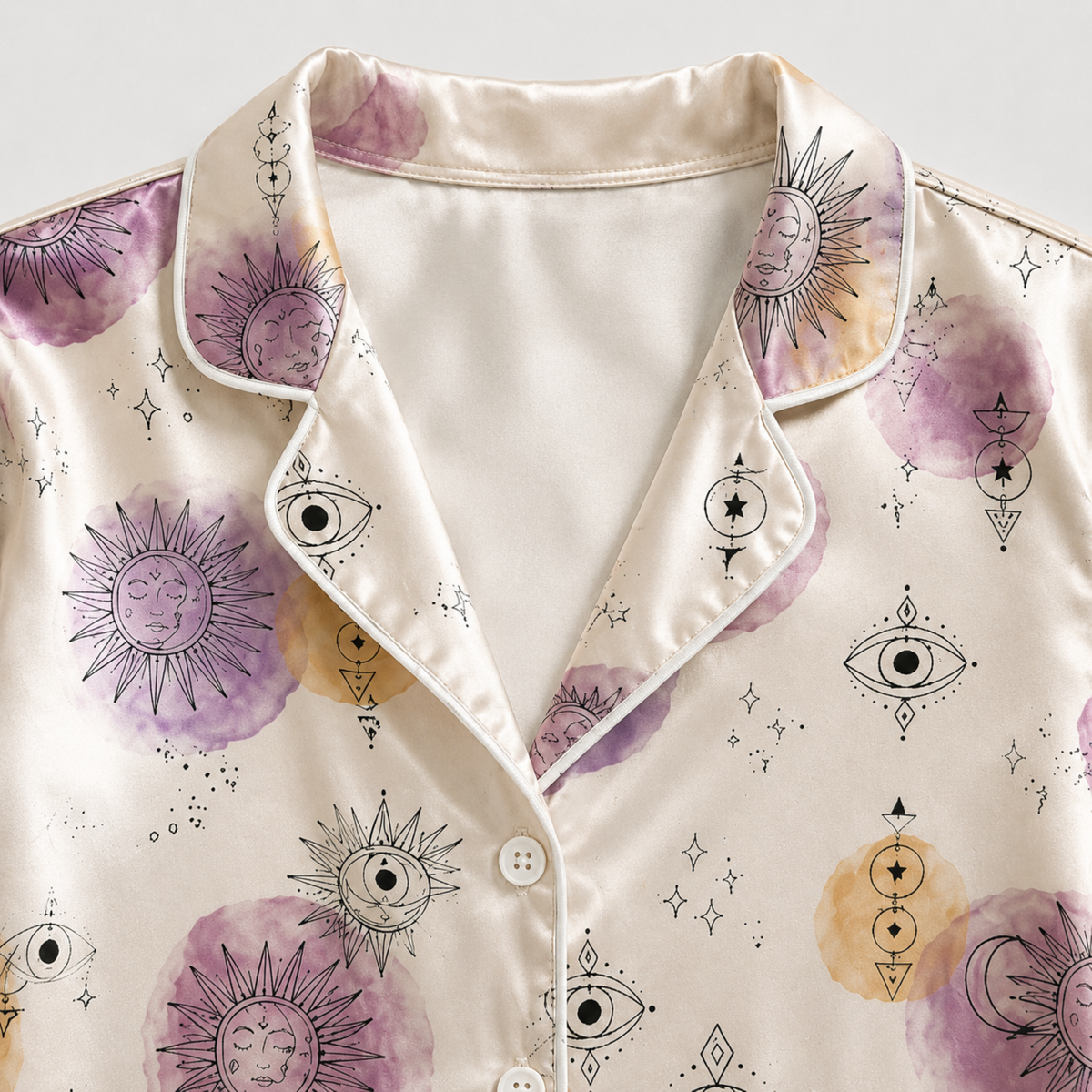 PJ-M323-Celestial Sun And Moon Motif Pajama Set Featuring Mystical Watercolor Elements On Luxurious Satin Fabric