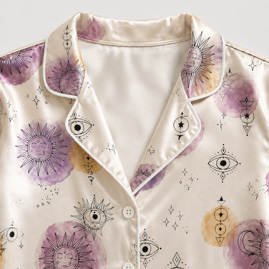 PJ-M323-Celestial Sun And Moon Motif Pajama Set Featuring Mystical Watercolor Elements On Luxurious Satin Fabric