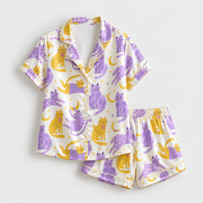 PJ-M324-Cozy Brushed Satin Pajama Set Adorned With Cute Sleeping Cat Patterns Perfect For Relaxed At-Home Lounging