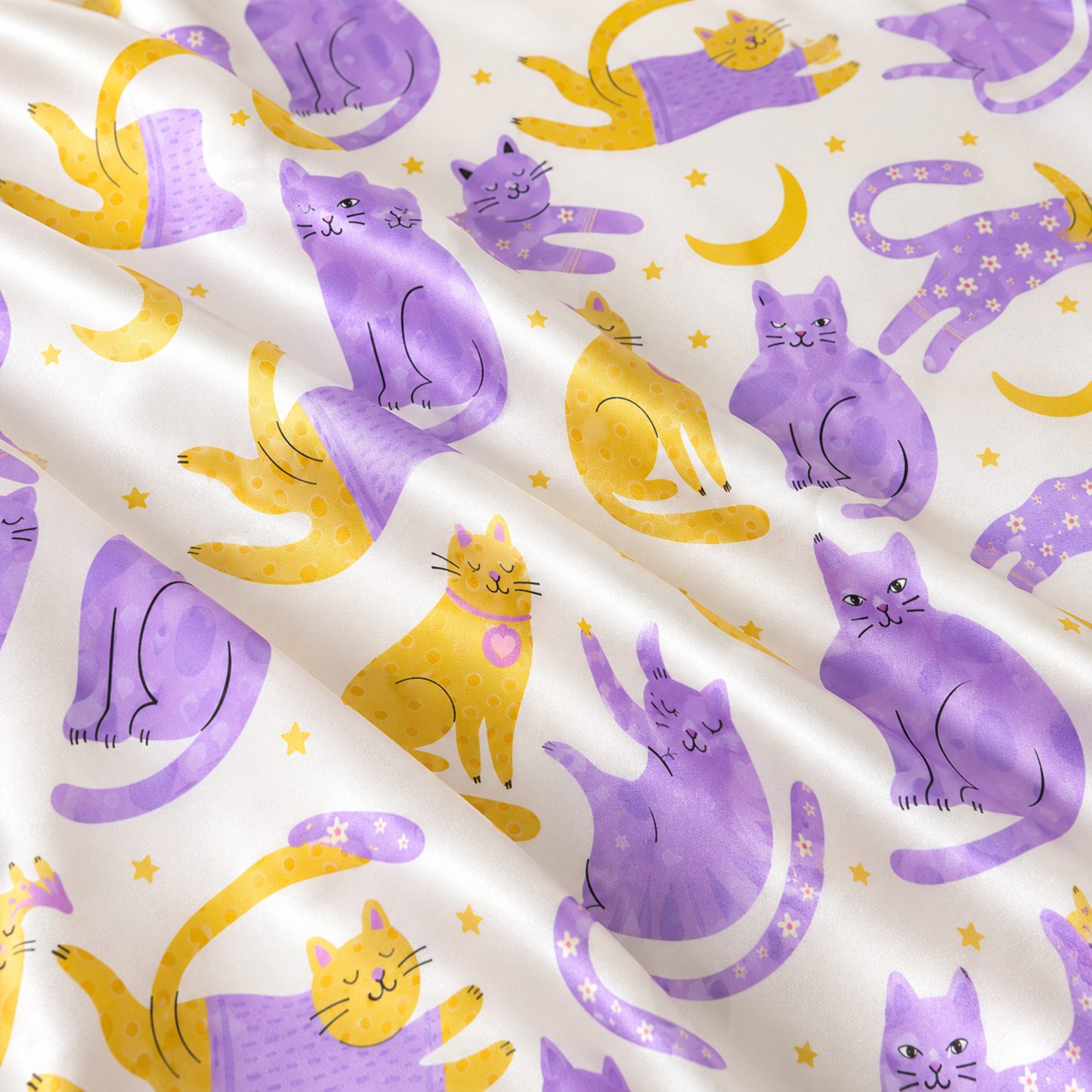 PJ-M324-Cozy Brushed Satin Pajama Set Adorned With Cute Sleeping Cat Patterns Perfect For Relaxed At-Home Lounging