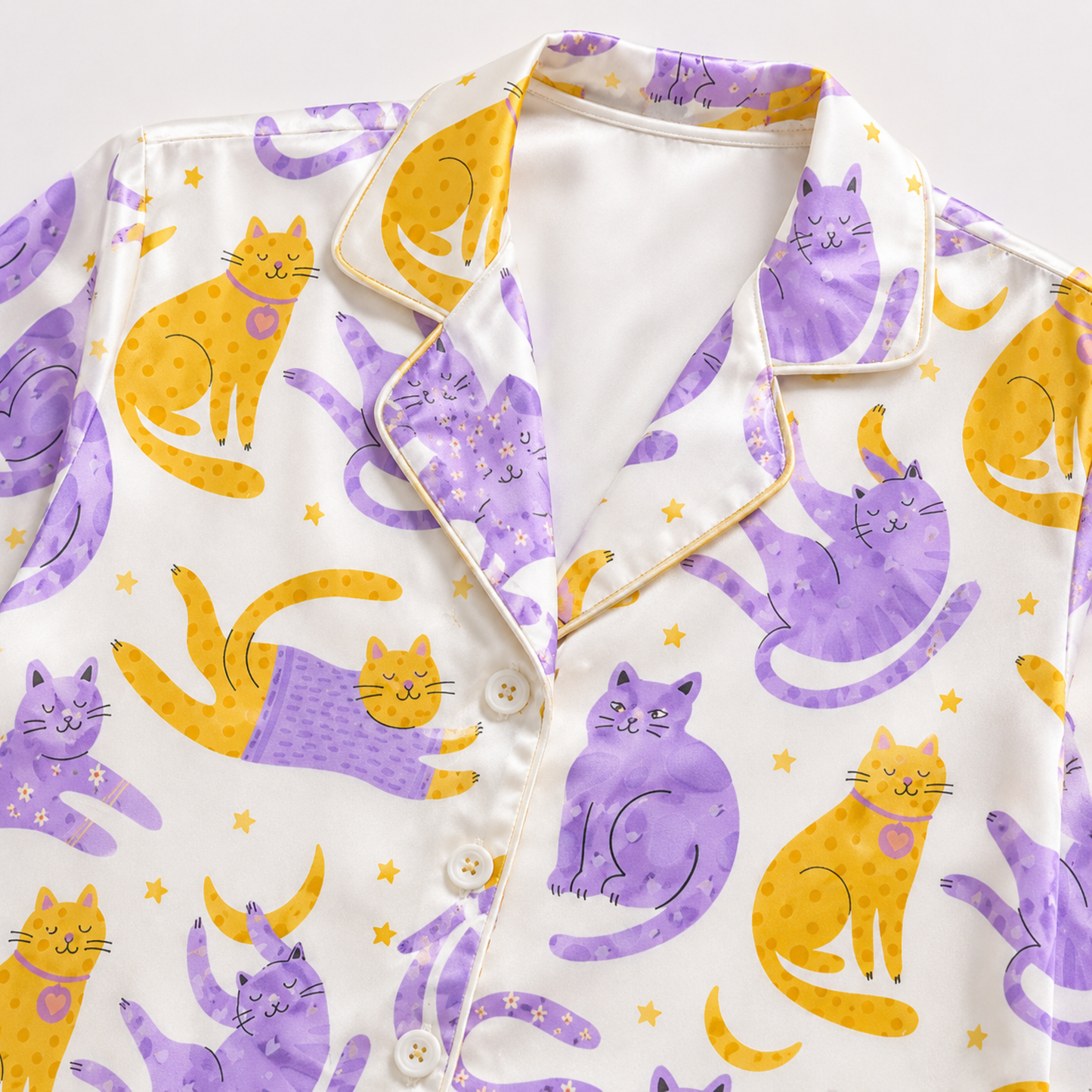 PJ-M324-Cozy Brushed Satin Pajama Set Adorned With Cute Sleeping Cat Patterns Perfect For Relaxed At-Home Lounging