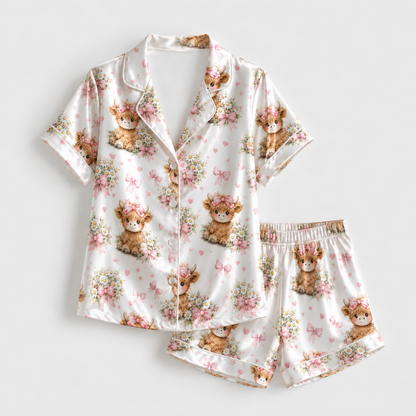 PJ-M327-Adorable Highland Cow And Floral Ribbon Pajama Set Featuring Cute Bow Motifs On Soft Satin Fabric