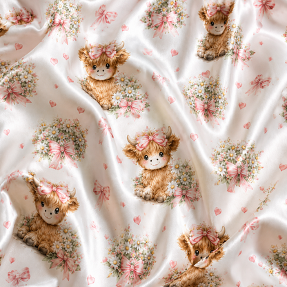 PJ-M327-Adorable Highland Cow And Floral Ribbon Pajama Set Featuring Cute Bow Motifs On Soft Satin Fabric