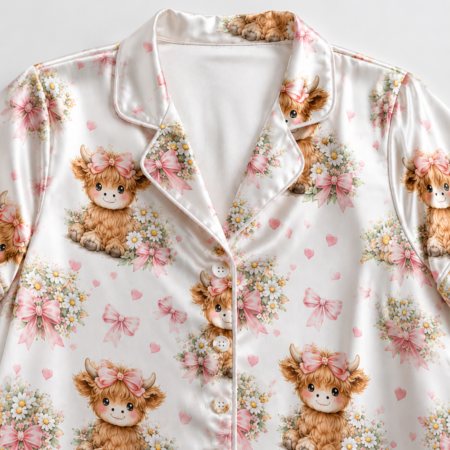 PJ-M327-Adorable Highland Cow And Floral Ribbon Pajama Set Featuring Cute Bow Motifs On Soft Satin Fabric