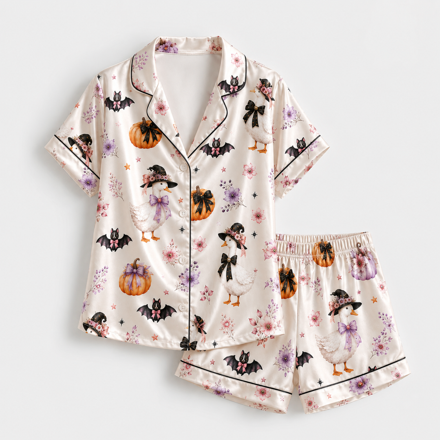 PJ-M328-Adorable Pastel Halloween Pajama Set Featuring Friendly Geese And Bats On Ultra-Soft Brushed Fabric