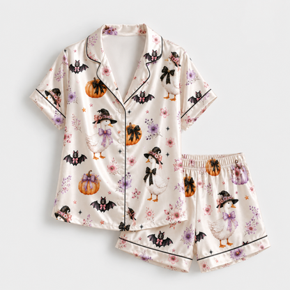 PJ-M328-Adorable Pastel Halloween Pajama Set Featuring Friendly Geese And Bats On Ultra-Soft Brushed Fabric