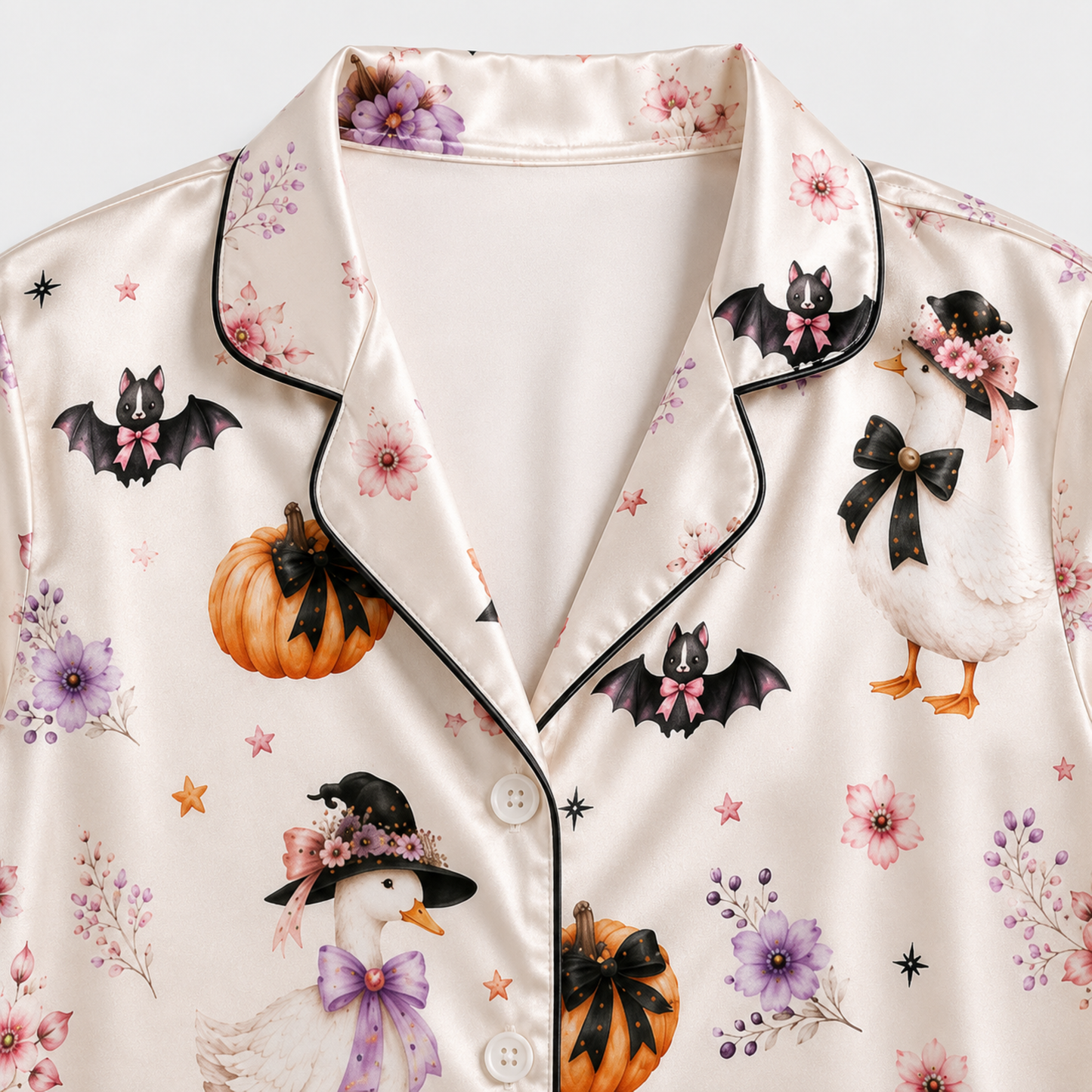 PJ-M328-Adorable Pastel Halloween Pajama Set Featuring Friendly Geese And Bats On Ultra-Soft Brushed Fabric