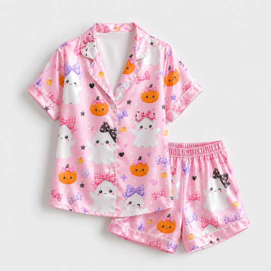 PJ-M329-Adorable Spooky-Cute Ghost Pajama Set Featuring Delicate Ribbon Bow Accents And Playful Halloween Motifs On Ultra-Soft Premium Fabric