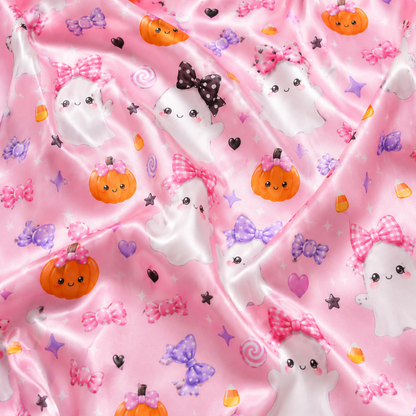 PJ-M329-Adorable Spooky-Cute Ghost Pajama Set Featuring Delicate Ribbon Bow Accents And Playful Halloween Motifs On Ultra-Soft Premium Fabric