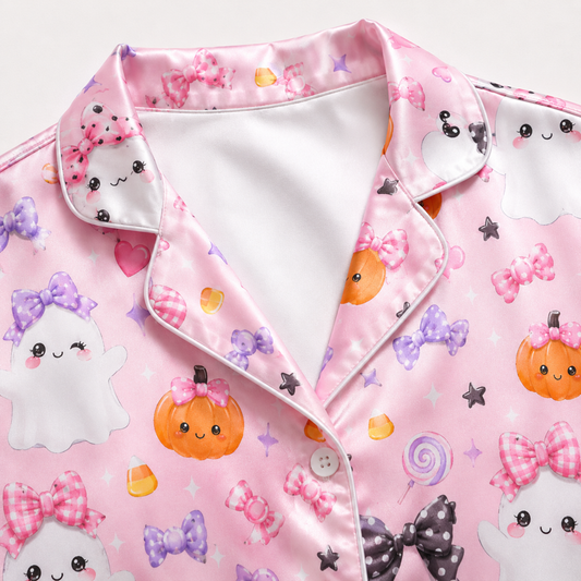 PJ-M329-Adorable Spooky-Cute Ghost Pajama Set Featuring Delicate Ribbon Bow Accents And Playful Halloween Motifs On Ultra-Soft Premium Fabric