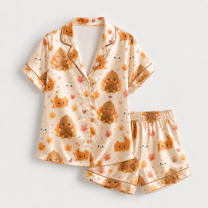 PJ-M330-Adorable Thanksgiving Turkey And Pumpkin Pie Print Pajama Set Featuring Festive Autumn Leaves On Ultra-Soft Satin Fabric
