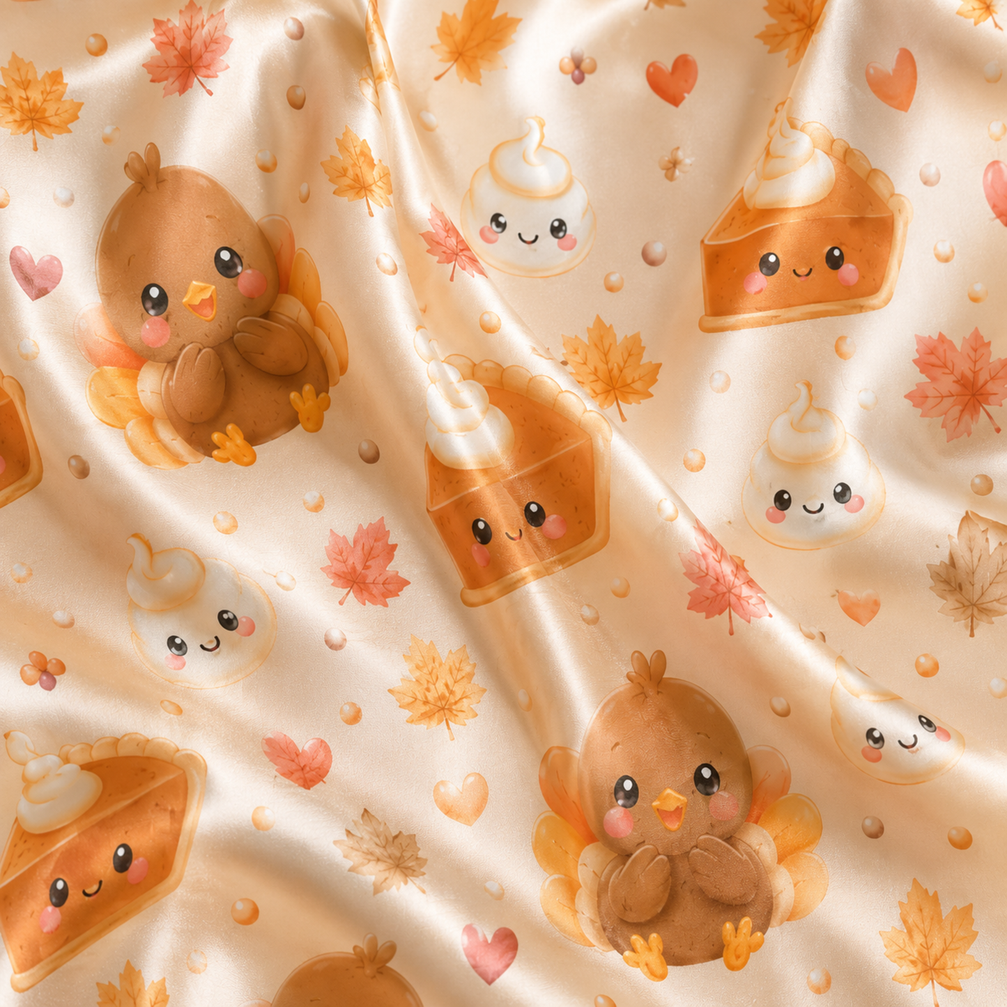 PJ-M330-Adorable Thanksgiving Turkey And Pumpkin Pie Print Pajama Set Featuring Festive Autumn Leaves On Ultra-Soft Satin Fabric